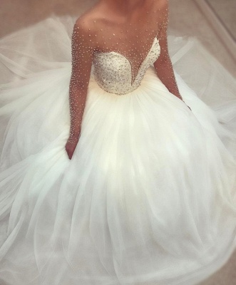 Paillettes perles tulle robe de mariée avec manches | Puffy Tulle Sexy Robes De Mariée Brillantes 2021_3
