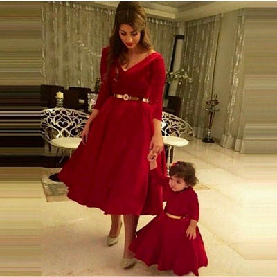 Dramtic 3/4-length-sleeve Red Mother And Daughter Dress Belt_2