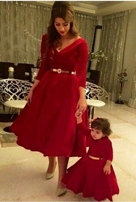 Dramtic 3/4-length-sleeve Red Mother And Daughter Dress Belt_1