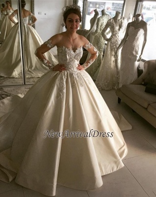 Long Sleeve Lace Appliques Elegant Princess Ball Gown Wedding Dresses_1