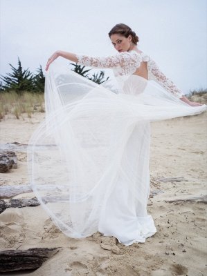 V-neck Elegant A-Line 3/4  Sleeve Lace Wedding Dresses | Beautiful Simple Beach Wedding Dresses_4