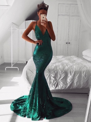 Sexy Mermaid V-Neck Sleeveless Evening Dresses | Spaghetti Straps Sweep Train Evening Gowns with Sequins_1