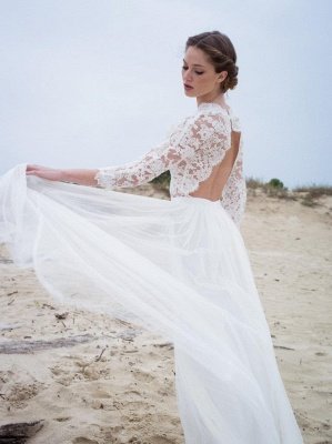 V-neck Elegant A-Line 3/4  Sleeve Lace Wedding Dresses | Beautiful Simple Beach Wedding Dresses_5