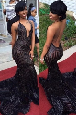 Sexy Black Mermaid Sequined Prom Dresses | Backless V-Neck Long Formal Gowns SK0096_2