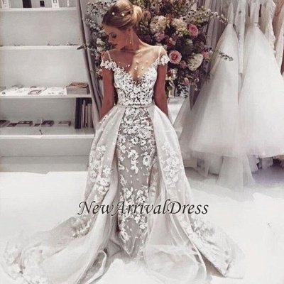Overskirt Cap Sleeves Popular Illusion Appliques Open Back Lace Wedding Dresses_1