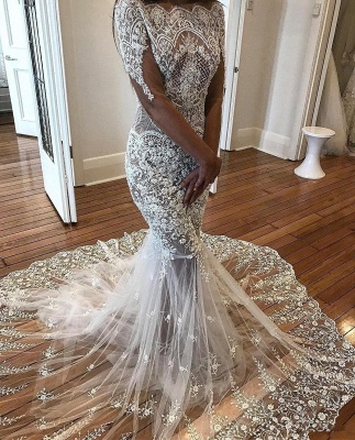 Sexy Mermaid Long Sleeve Lace Wedding Dresses  | Flowers See Through Tulle Bridal Gowns_4
