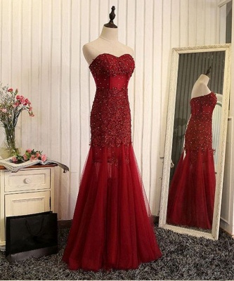Mermaid Beaded Tulle Brilliant Sweetheart Sleeveless Lace Appliques Long Prom Dresses_4