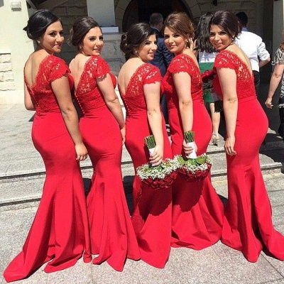 Sexy Red Lace V-Neck Mermaid Bridesmaid Dresses Sweep Train Prom Dresses with Buttons_2