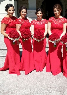 Sexy Red Lace V-Neck Mermaid Bridesmaid Dresses Sweep Train Prom Dresses with Buttons_1