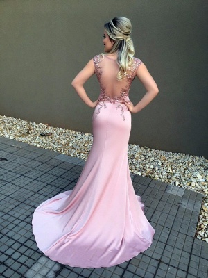 Newest Illusion Cap Sleeve Mermaid Sequins Evening Dress_1
