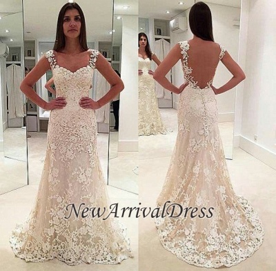 Sleeveless Straps Beautiful Lace Mermaid Open Back Elegant Wedding Dresses_1