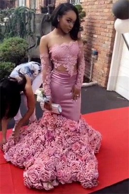 Long Sleeve Pink Lace Prom Dresses | Roses Bottom Off The Shoulder Mermaid Formal Dress Long FB0315_1